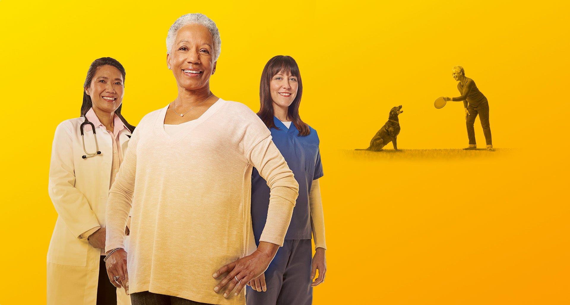 Woman standing together and another woman playing with dog